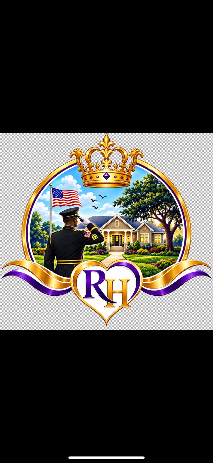 Royal Haven’s RH emblem with a gold crown, a saluting veteran, and a home